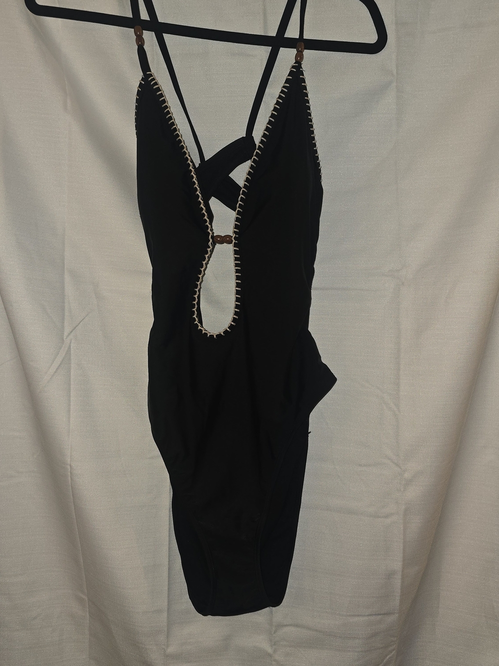 NWT Shade & Shore Black Whipstitch Plunge One-Piece Swimsuit (Size L / 12-14)